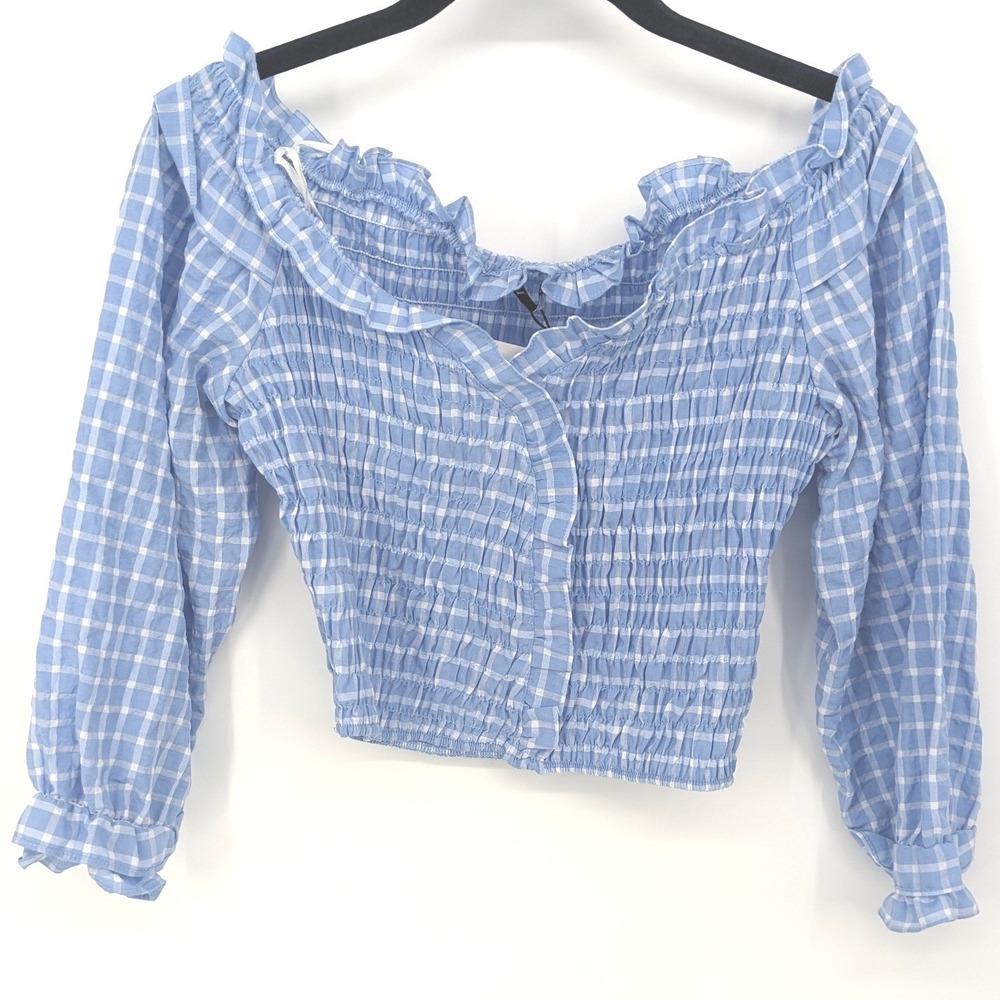 Zara‎ Cottagecore Blue Gingham Smocked Crop Top Ruffle Long Sleeve Small NWT